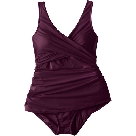 Land's End Slender Suit V Neck Ruched 1 piece Swimsuit Dress blackberry size 10 - Picture 11 of 14